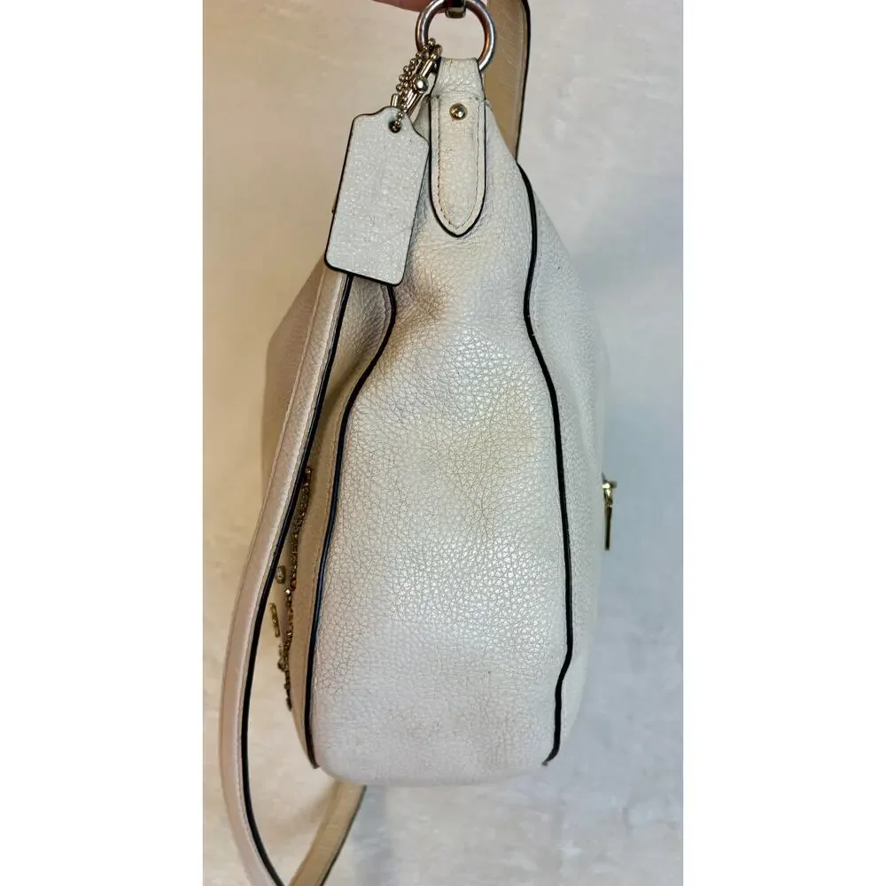 Authentic Coach Cream Leather Stardust Crystal Rivet Elle Hobo Shoulder Bag